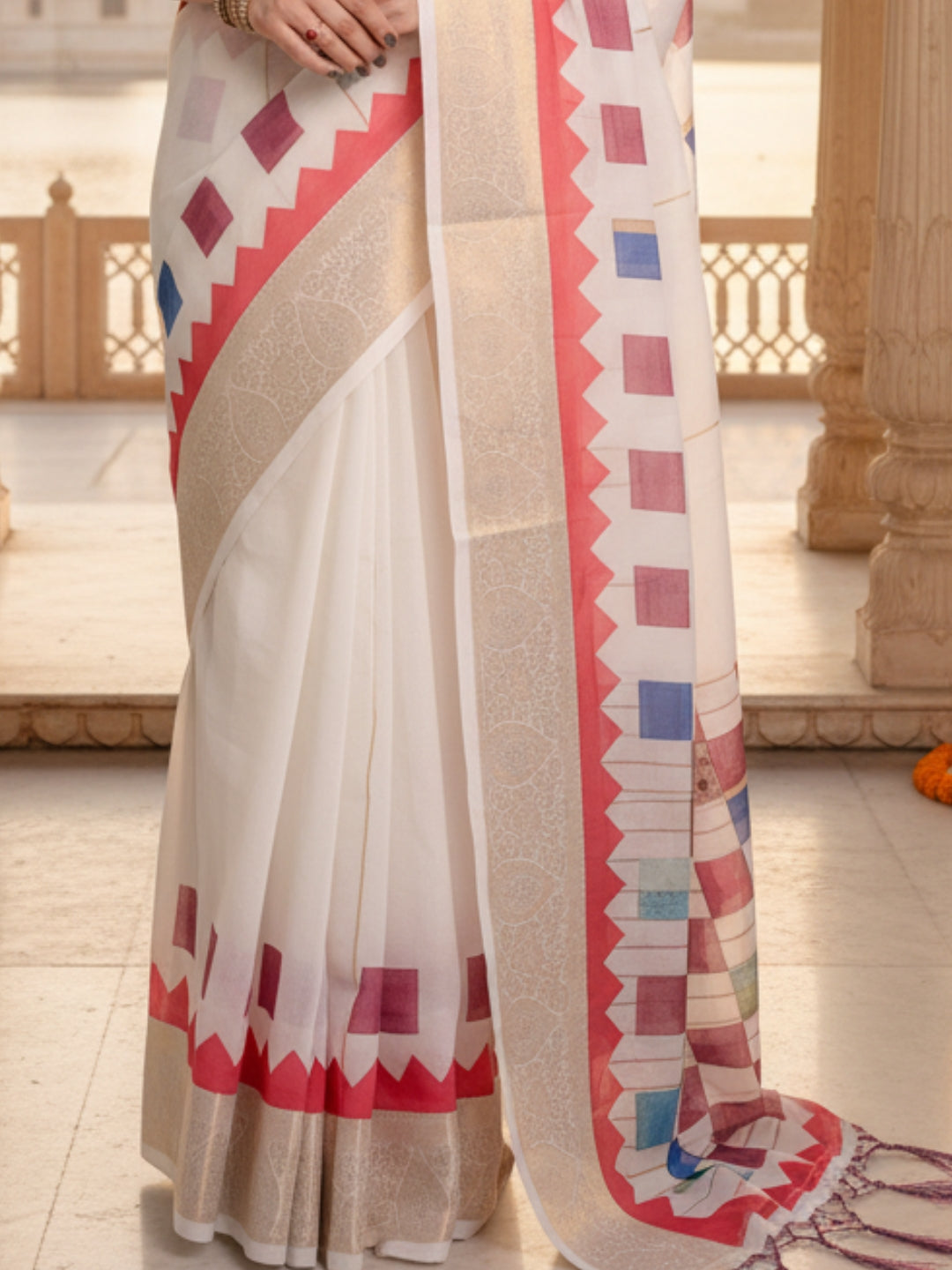 White Linen Cotton Saree For Women | Digital Print Party Wear Saree