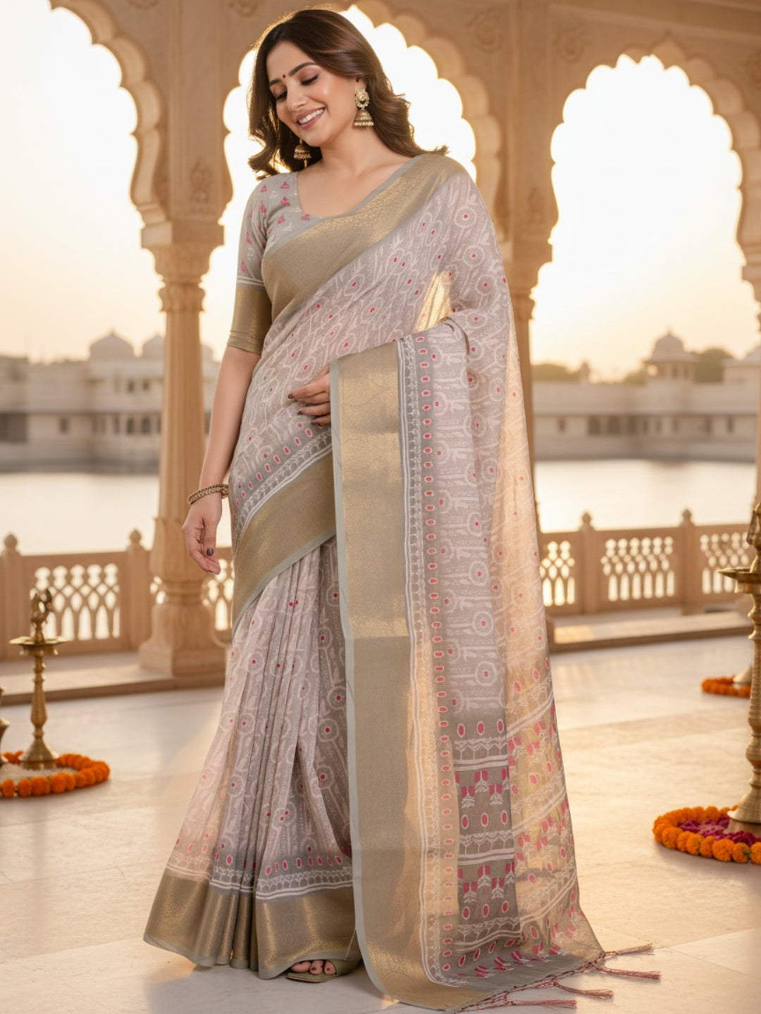 Grey Linen Cotton Saree For Women | Digital Print Party Wear Saree