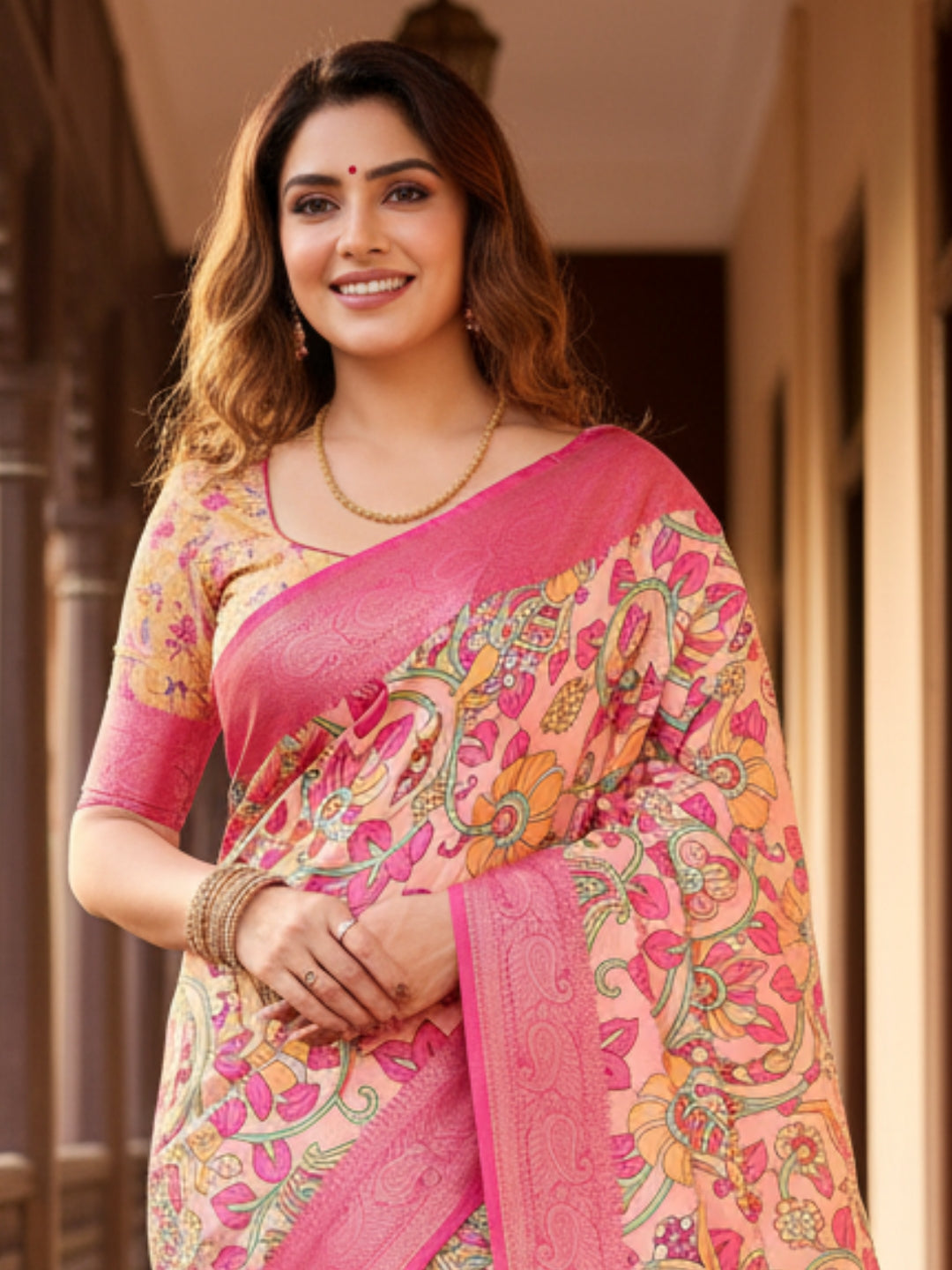Peach Orange Tussar Silk Saree For Women | Digital Print Party Wear Saree