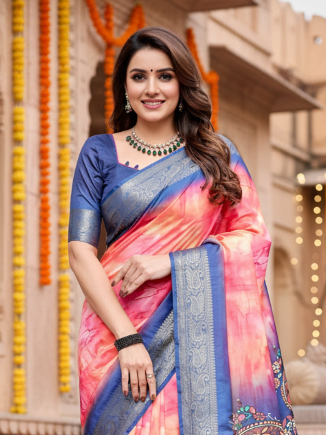 Blue Red Tussar Silk Saree For Women | Digital Print Party Wear Saree