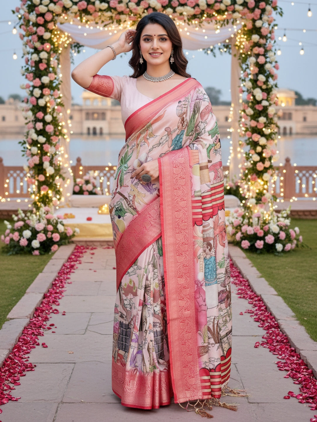 Cream Tussar Silk Saree For Women | Digital Print Party Wear Saree