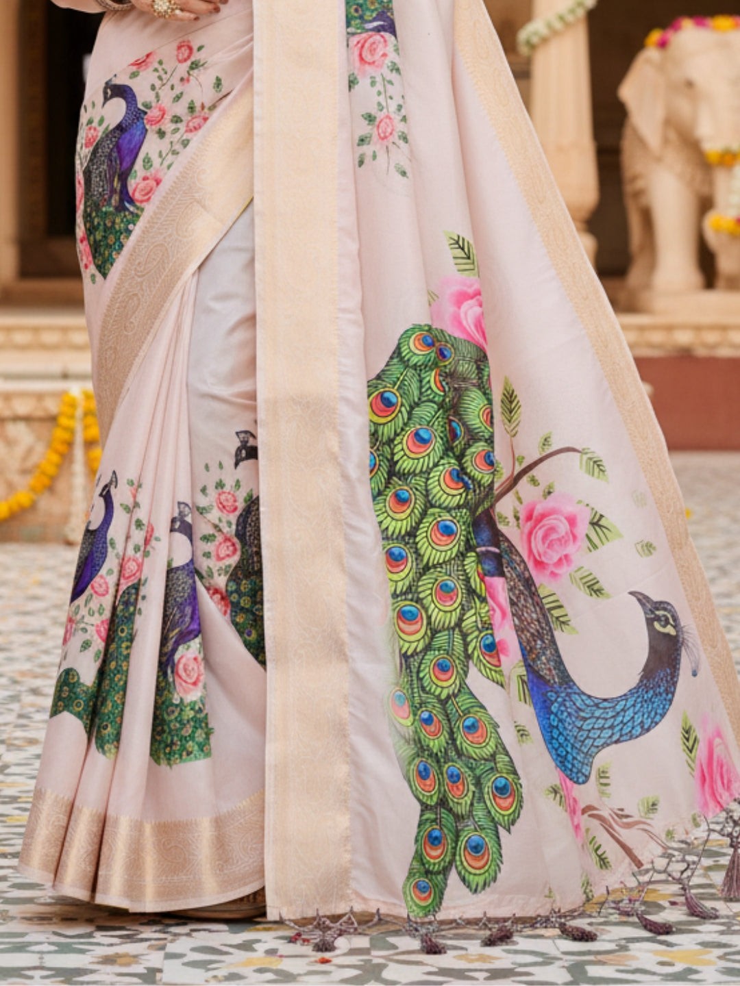 Cream Tussar Silk Saree For Women | Digital Print Party Wear Saree