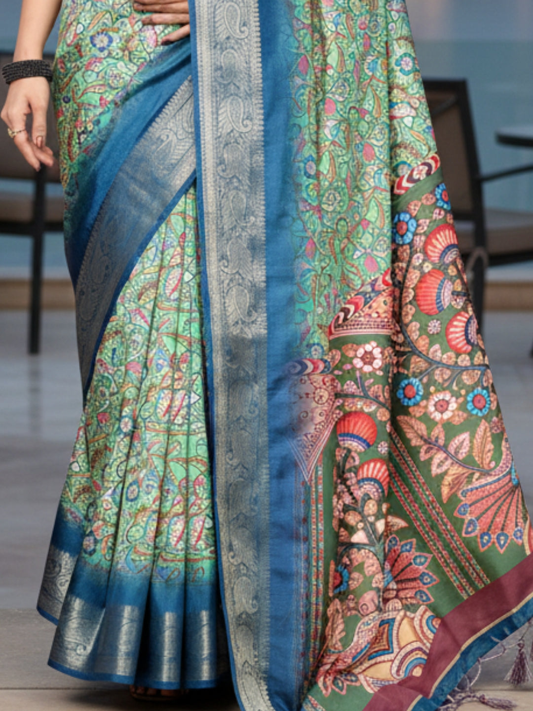 Blue Green Tussar Silk Saree For Women | Digital Print Party Wear Saree