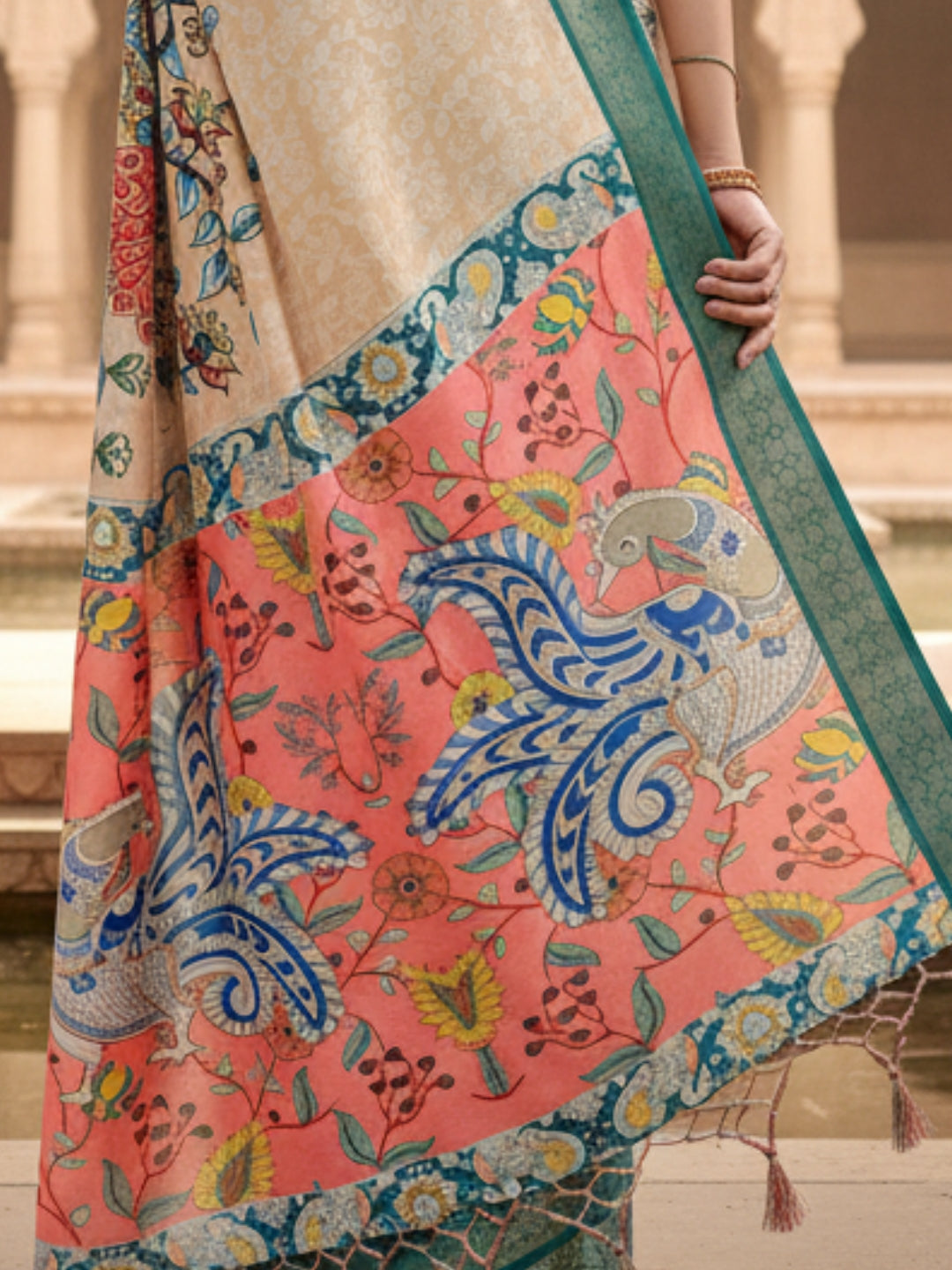 Teal Orange Tussar Silk Saree For Women | Digital Print Party Wear Saree