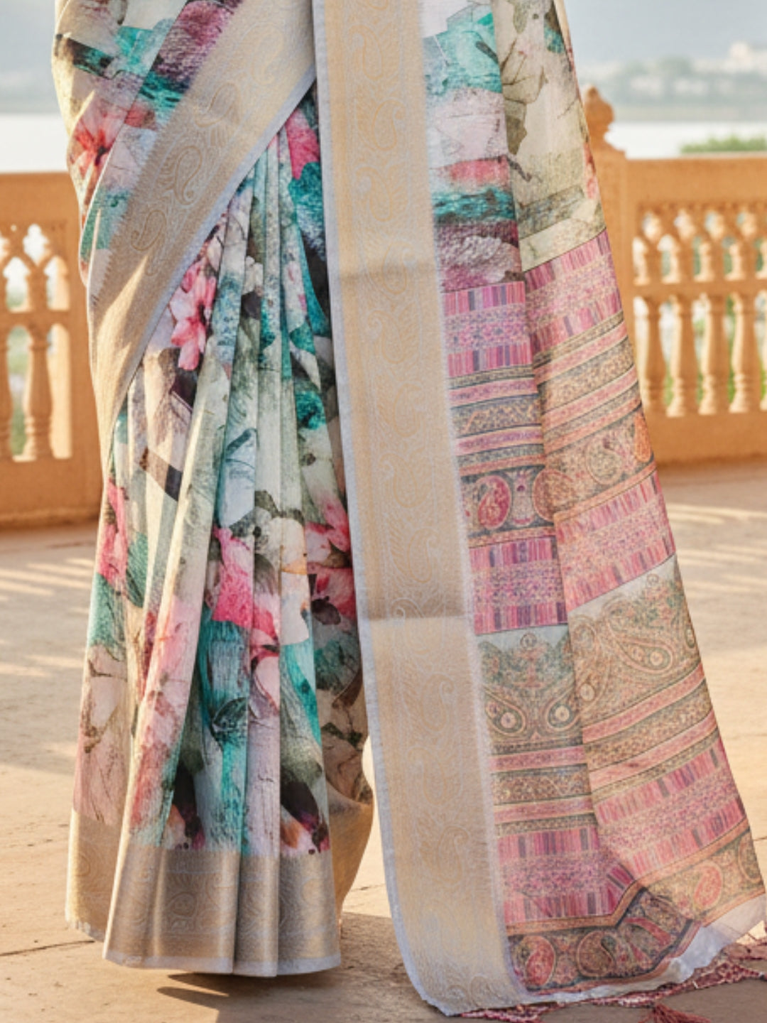 Cream Pink Tussar Silk Saree For Women | Digital Print Party Wear Saree