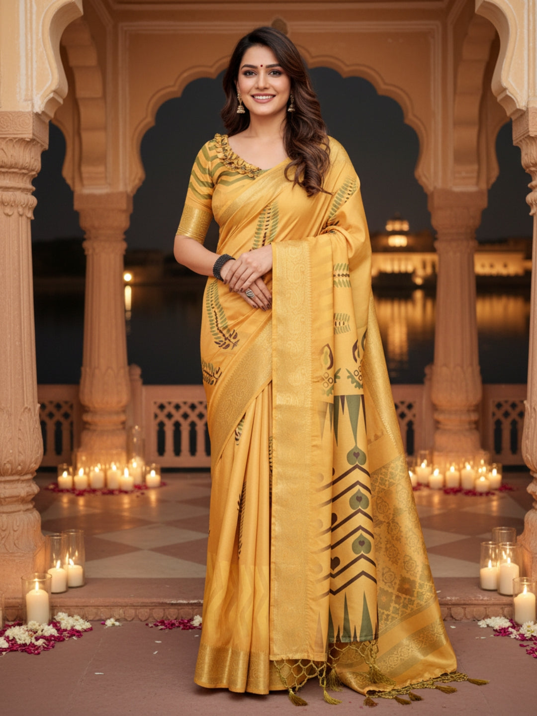 Yellow Tussar Silk Saree For Women | Digital Print Party Wear Saree