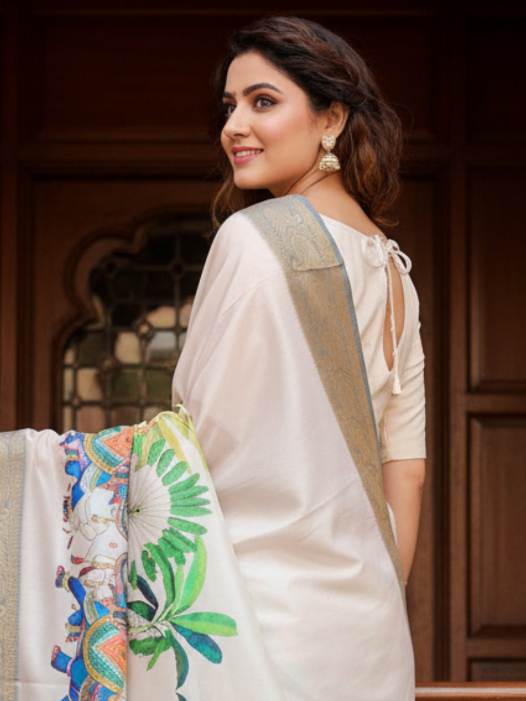 Cream Light Green Tussar Silk Saree For Women | Digital Print Party Wear Saree