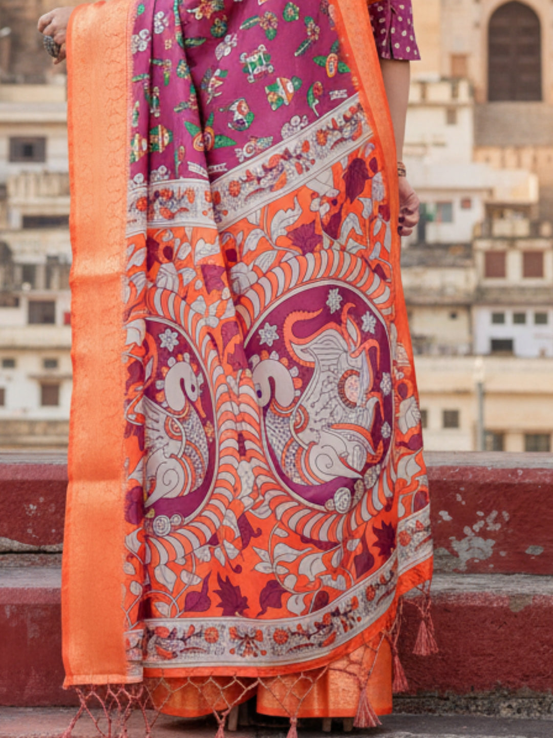 Orange Magenta Tussar Silk Saree For Women | Digital Print Party Wear Saree