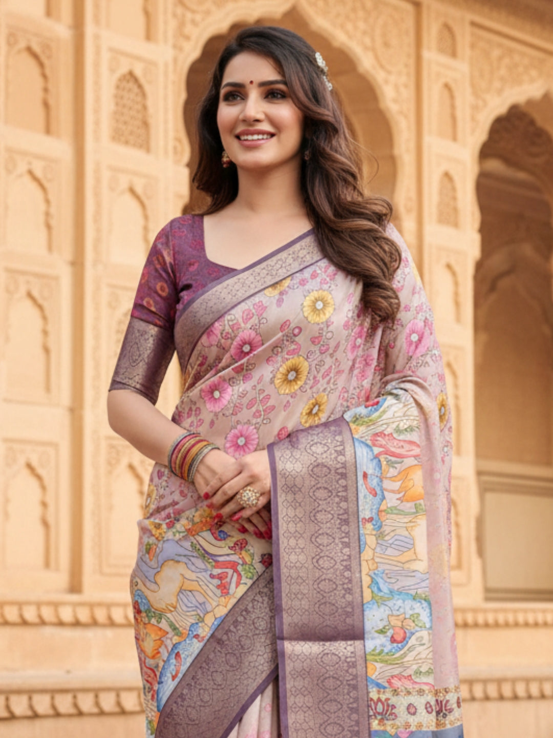 Peach Green Tussar Silk Saree For Women | Digital Print Party Wear Saree