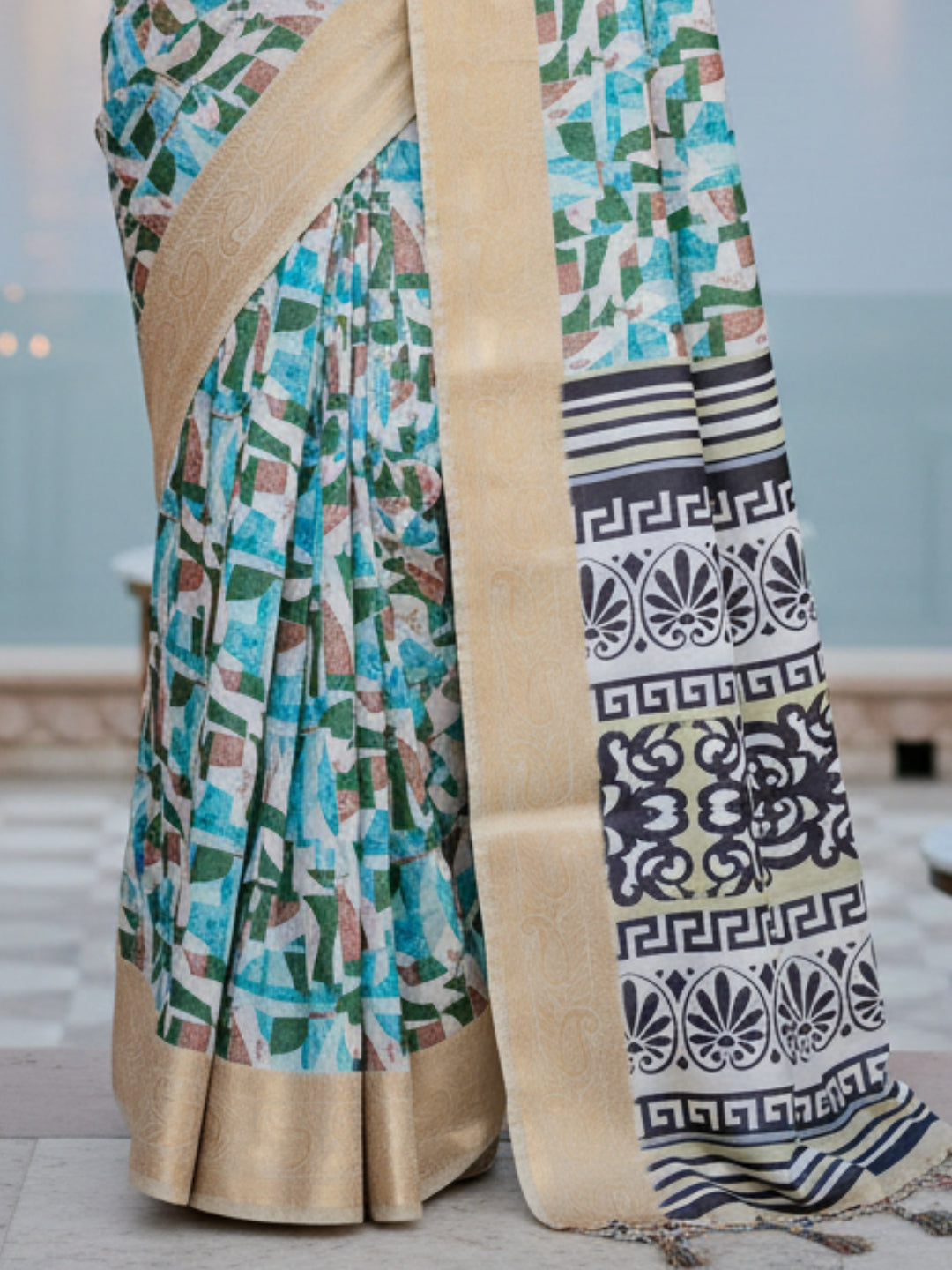 Cream Blue Tussar Silk Saree For Women | Digital Print Party Wear Saree