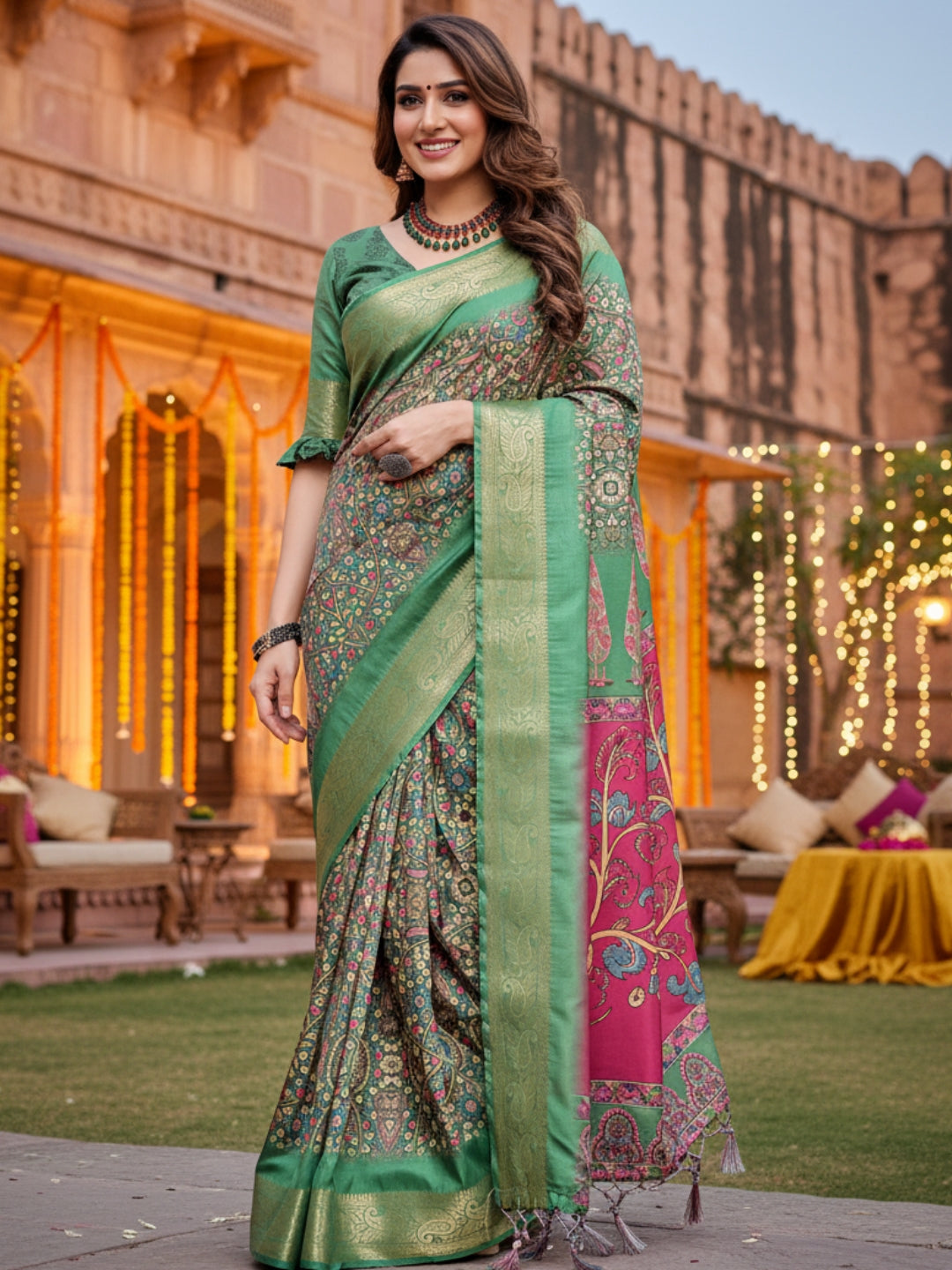Green Tussar Silk Saree For Women | Digital Print Party Wear Saree