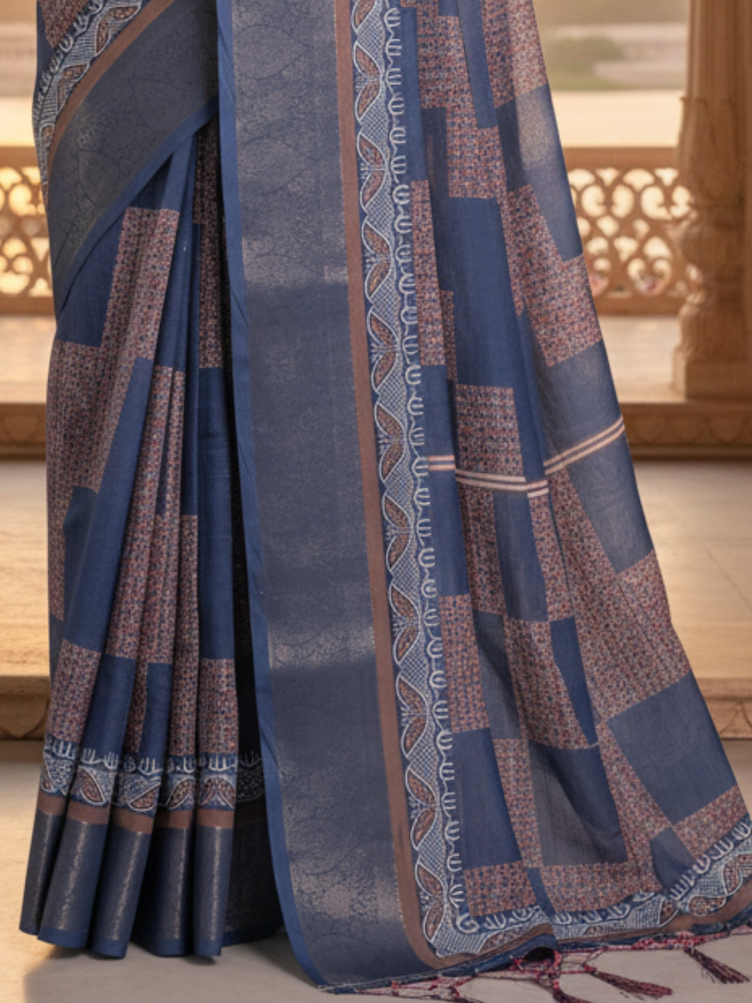 Blue Linen Cotton Saree For Women | Digital Print Party Wear Saree