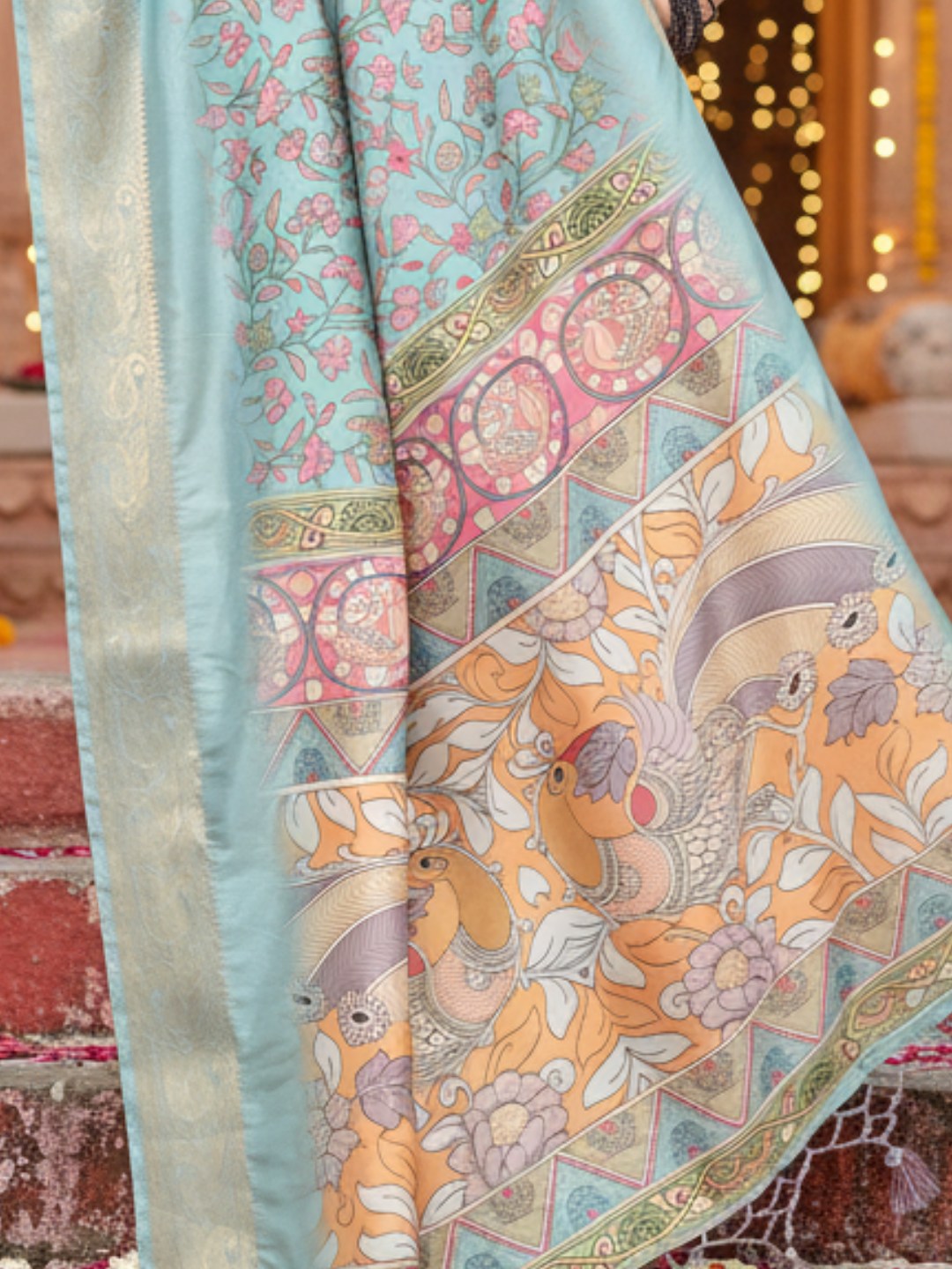 Light Green Tussar Silk Saree For Women | Digital Print Party Wear Saree