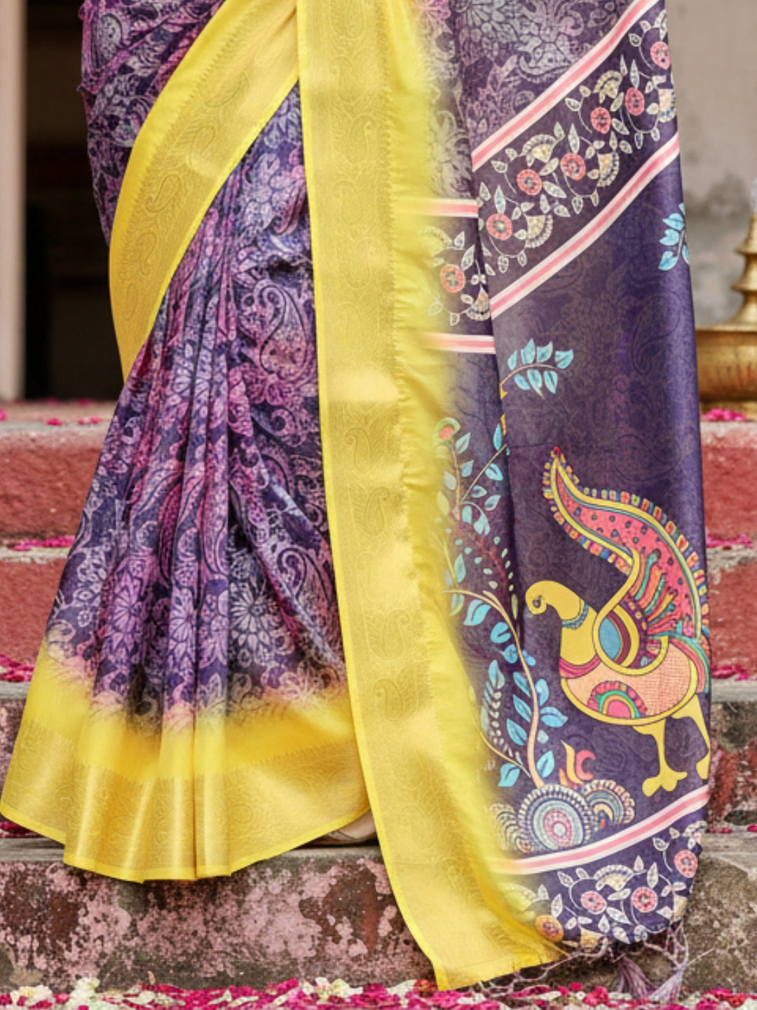 Blue Yellow Tussar Silk Saree For Women | Digital Print Party Wear Saree