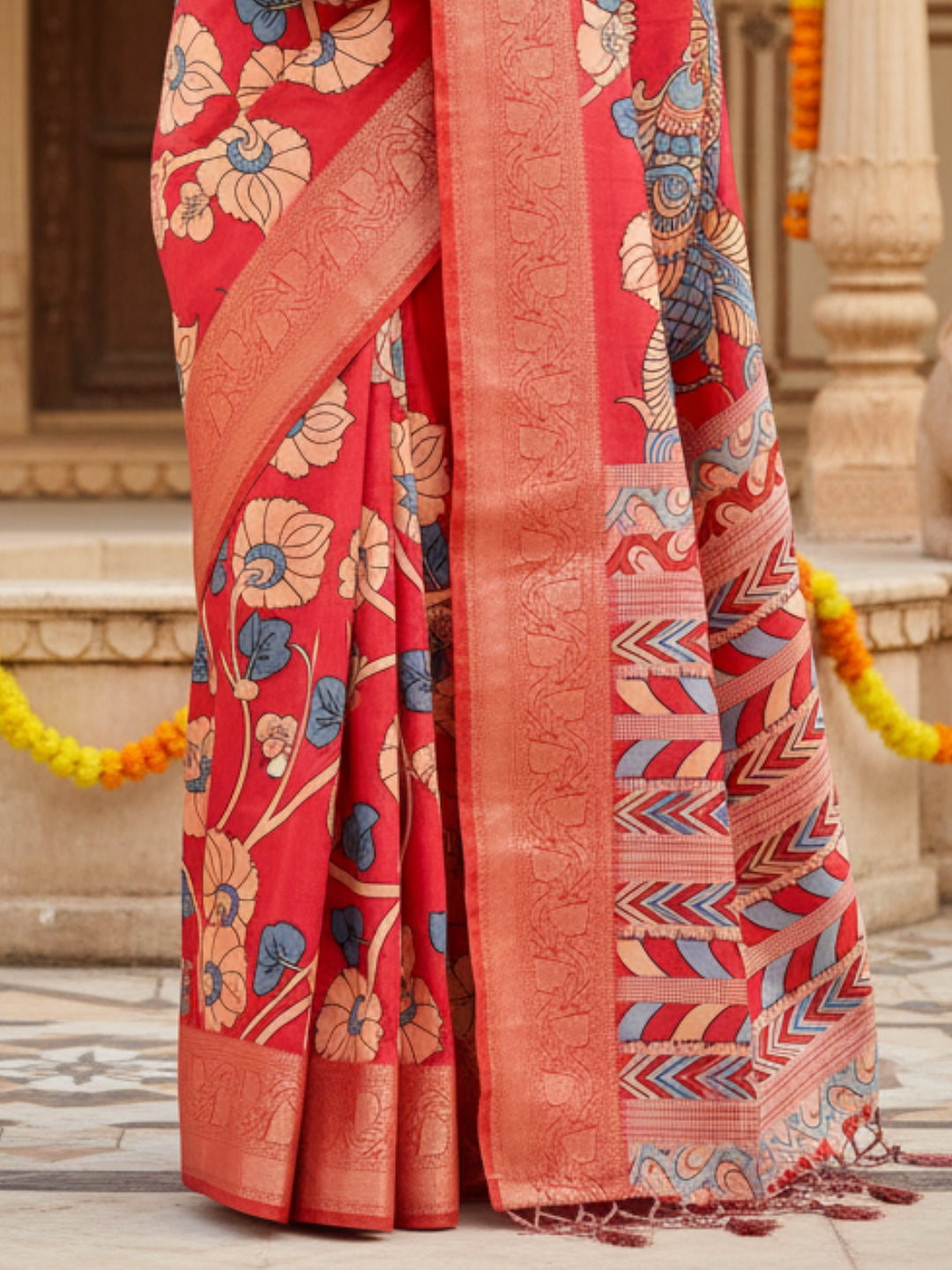 Red Tussar Silk Saree For Women | Digital Print Party Wear Saree