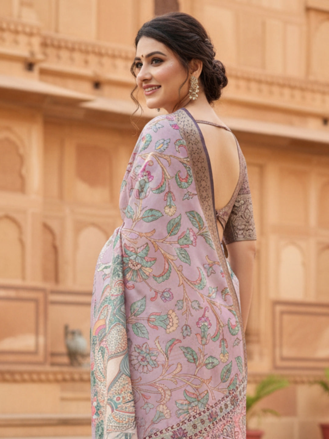 Peach Tussar Silk Saree For Women | Digital Print Party Wear Saree