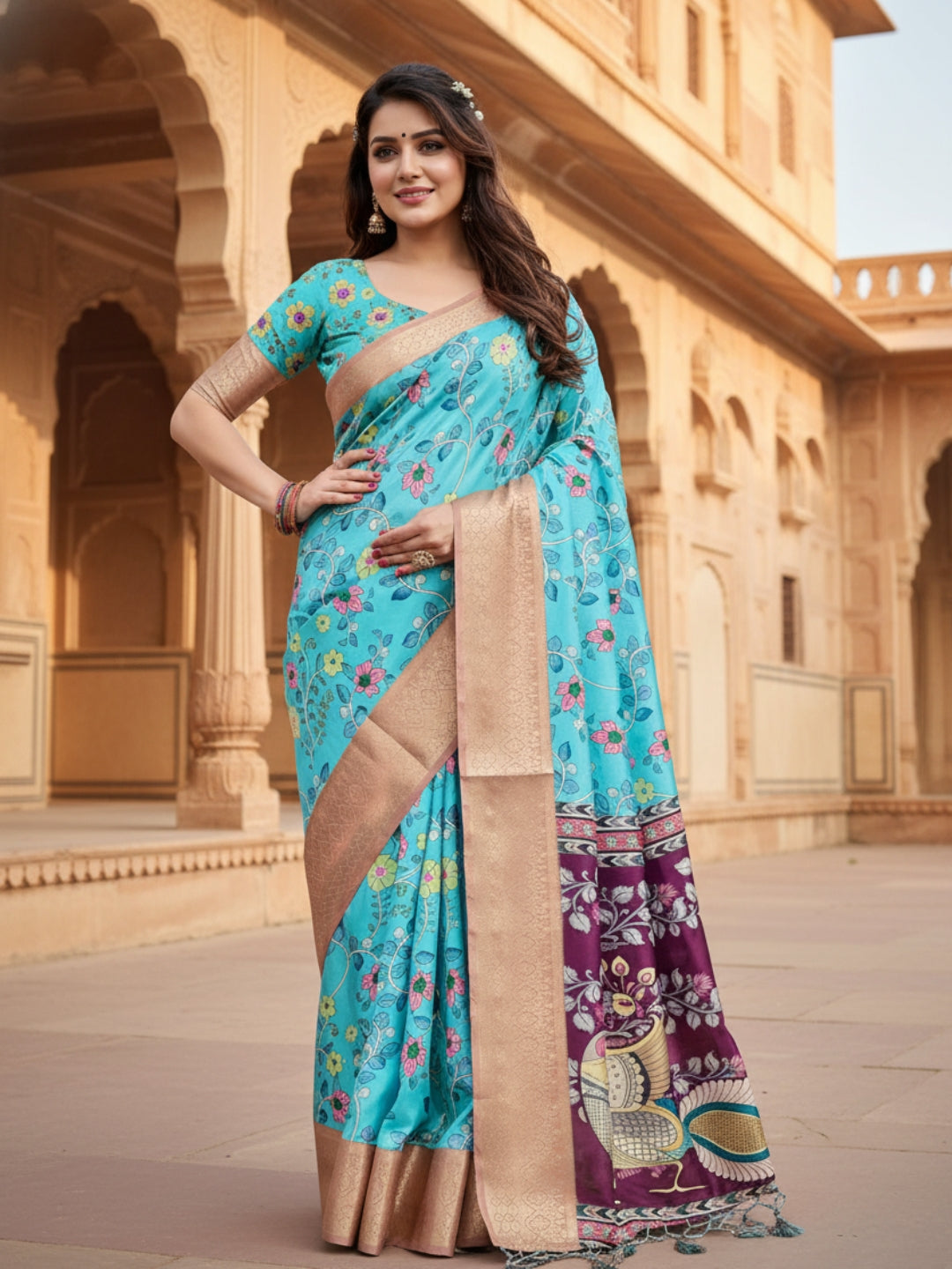 Blue Purple Tussar Silk Saree For Women | Digital Print Party Wear Saree