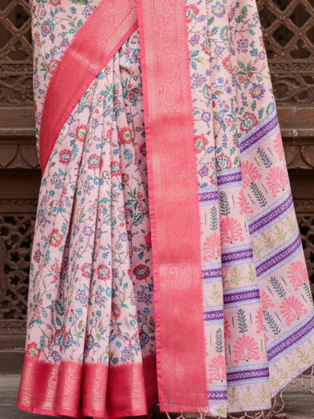 Peach Pink Tussar Silk Saree For Women | Digital Print Party Wear Saree