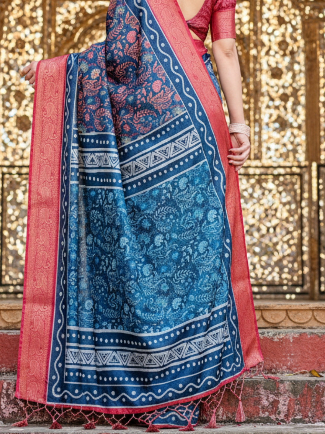 Blue Tussar Silk Saree For Women | Digital Print Party Wear Saree