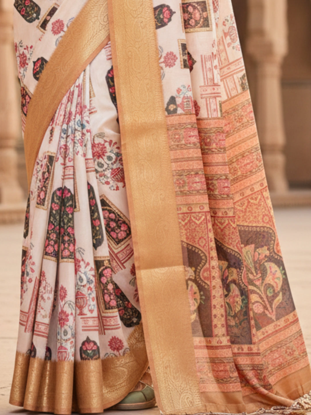 Cream Orange Tussar Silk Saree For Women | Digital Print Party Wear Saree