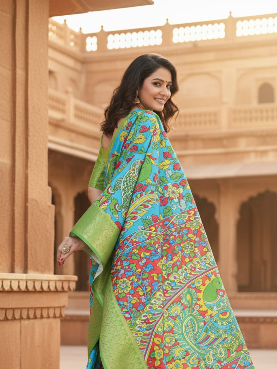 Green Tussar Silk Saree For Women | Digital Print Party Wear Saree