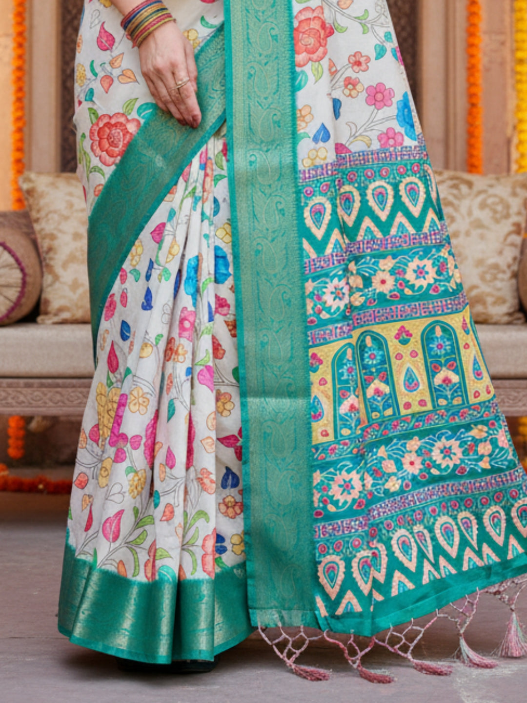 Cream Light Green Tussar Silk Saree For Women | Digital Print Party Wear Saree