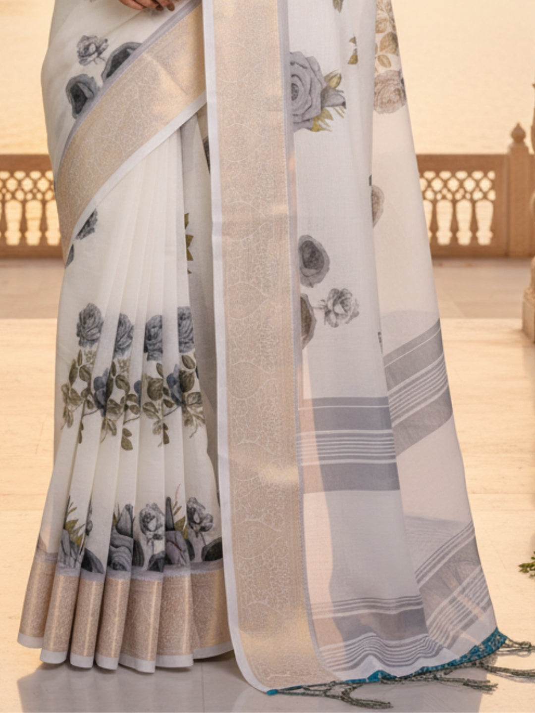 White Linen Cotton Saree For Women | Digital Print Party Wear Saree