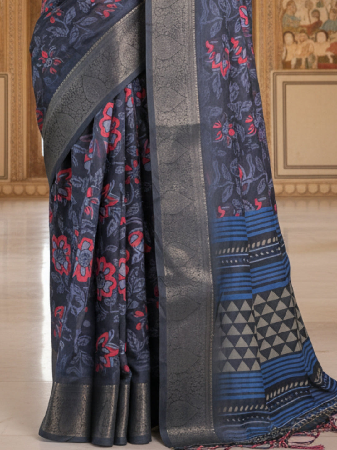 Blue Linen Cotton Saree For Women | Digital Print Party Wear Saree