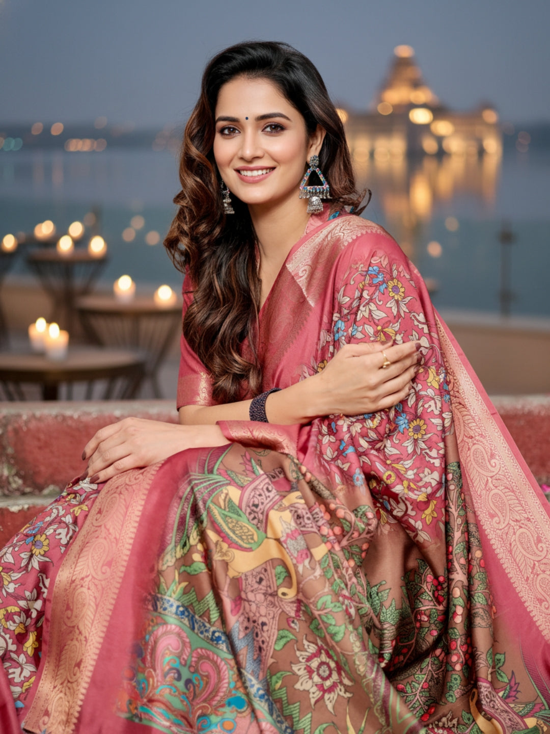 Brown Tussar Silk Saree For Women | Digital Print Party Wear Saree