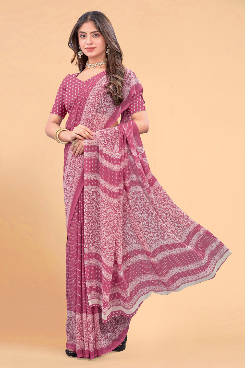 Zamuna Women Soft Light Pink Georgette Geometric Saree | Feminine Daytime Wear