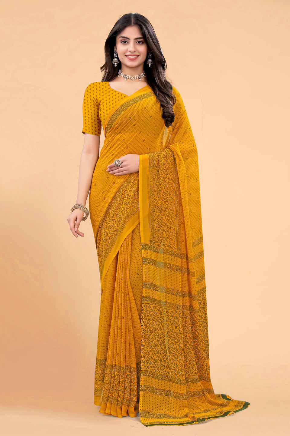 Zamuna Women Bright Yellow Georgette Geometric Saree | Radiant Haldi & Festive Wear