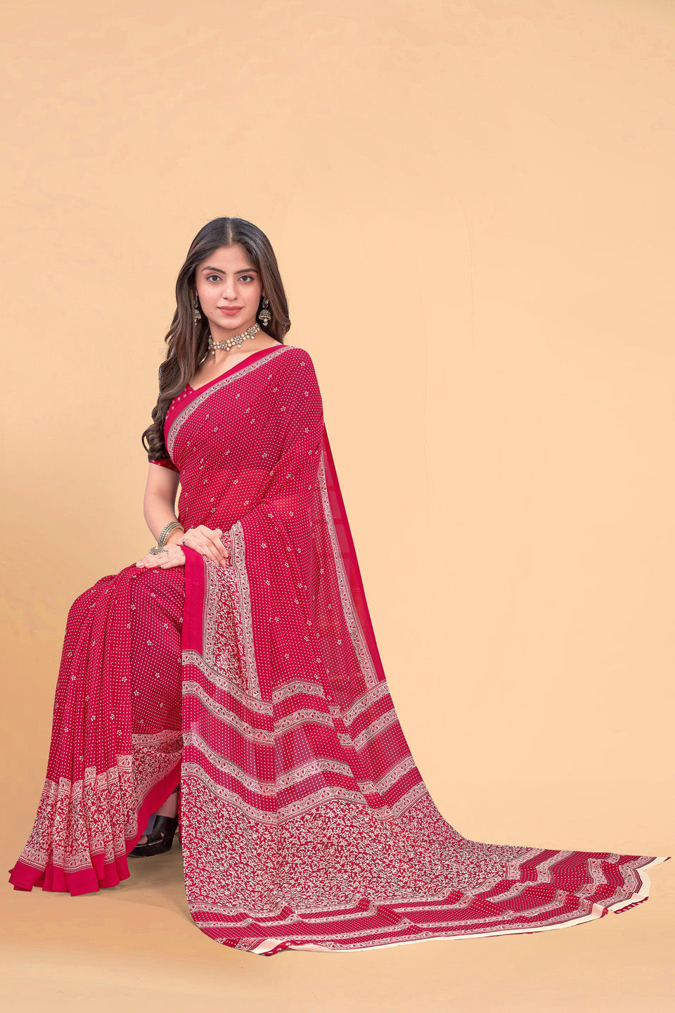Zamuna Women Classic Red Georgette Geometric Saree | Dazzling Party & Festive Wear