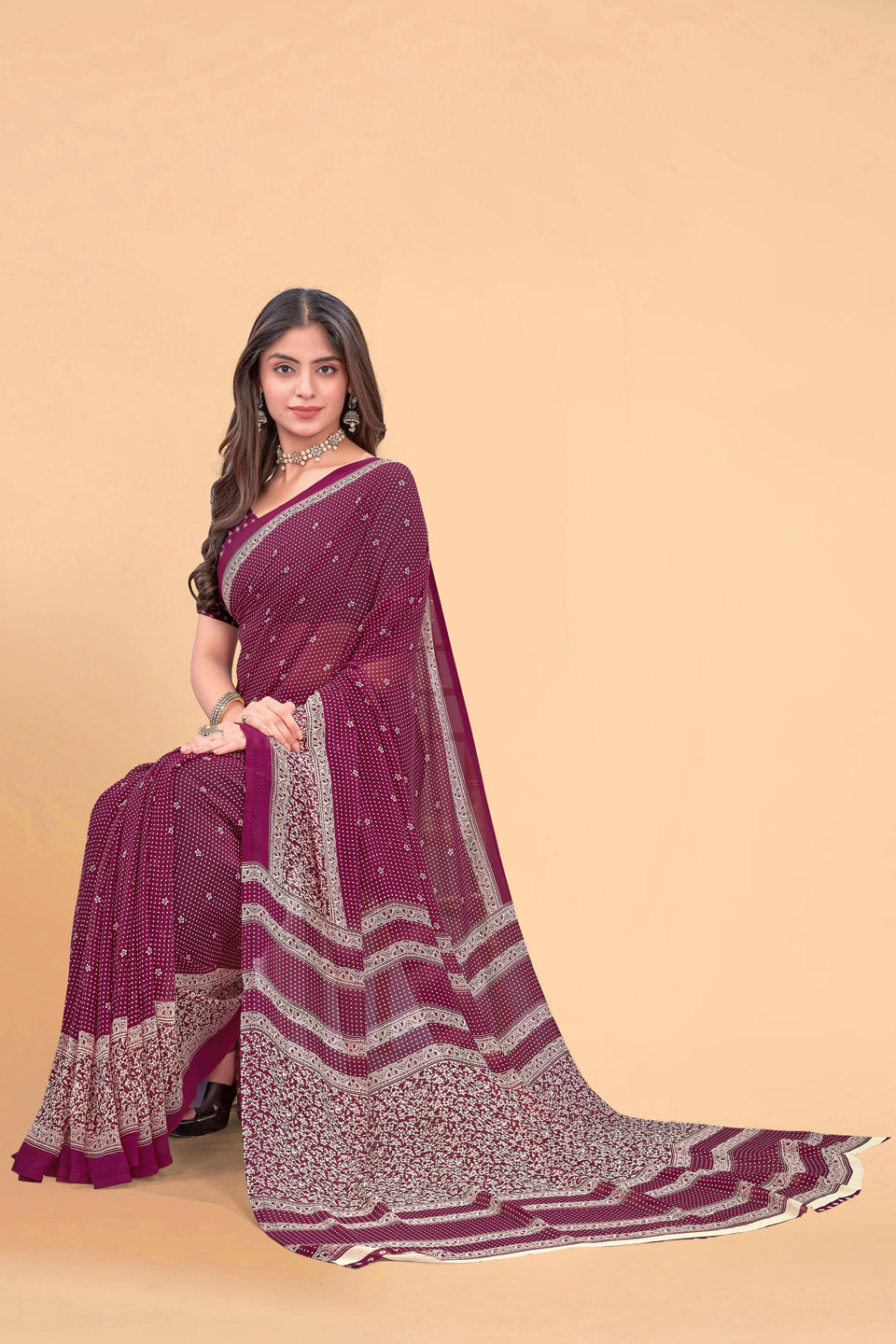 Zamuna Women Deep Purple Georgette Geometric Saree | Regal Evening & Party Wear