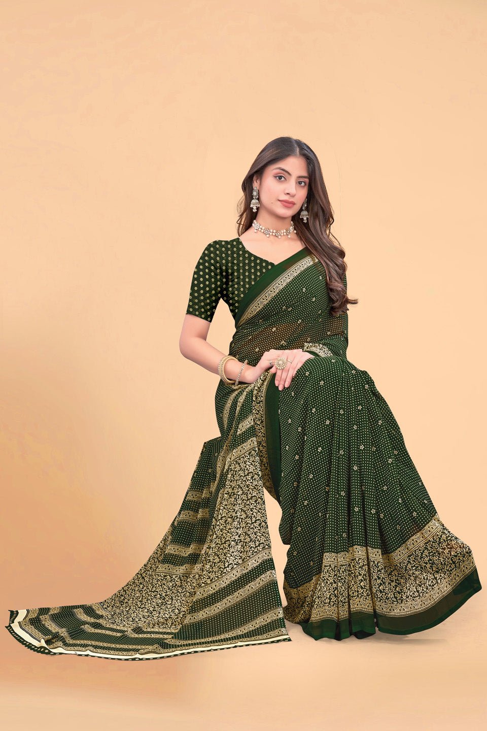 Zamuna Women Emerald Green Georgette Geometric Saree | Effortless Festive Wear