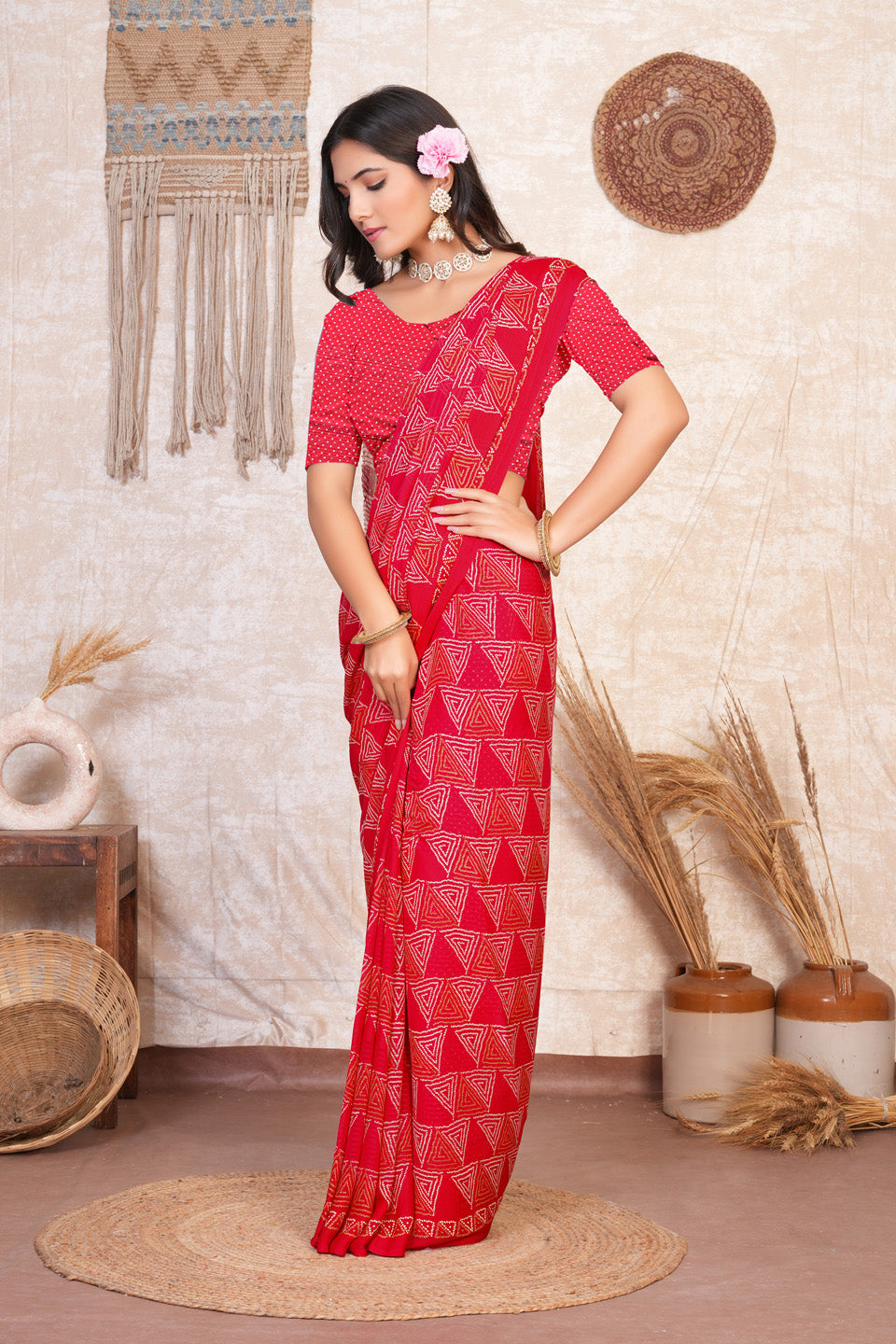 Zamuna Women Classic Red Georgette Geometric Saree | Dazzling Party & Festive Wear