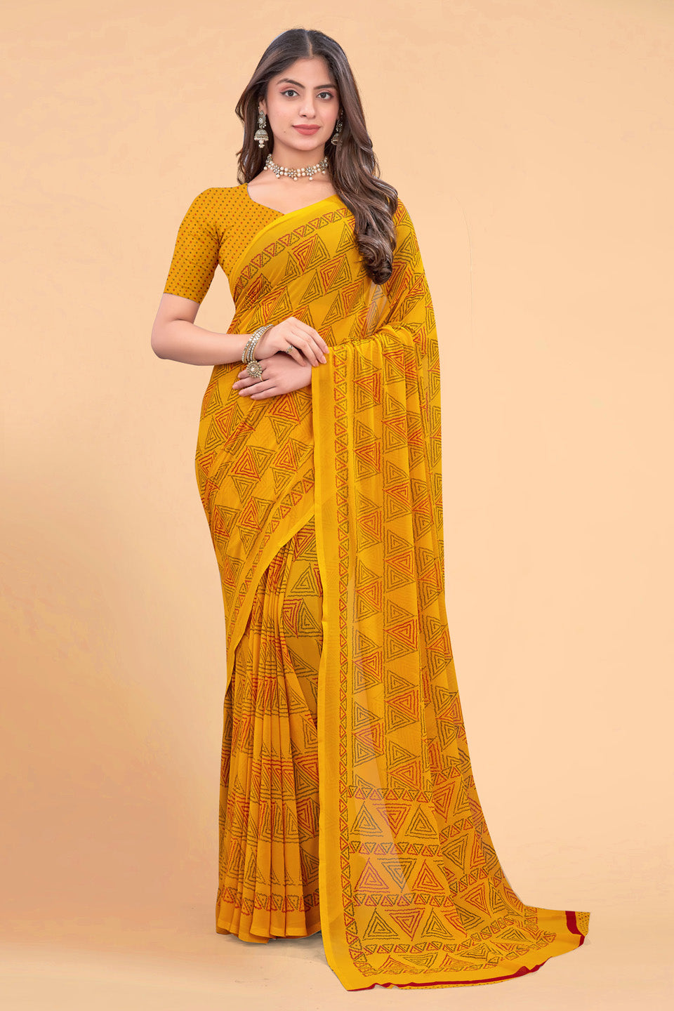 Zamuna Women Yellow Georgette Geometric Printed Saree | Bright & Elegant Party Wear Saree
