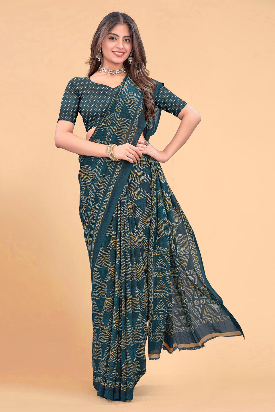 Zamuna Women Rich Teal Georgette Geometric Saree | Elegant Evening & Party Wear