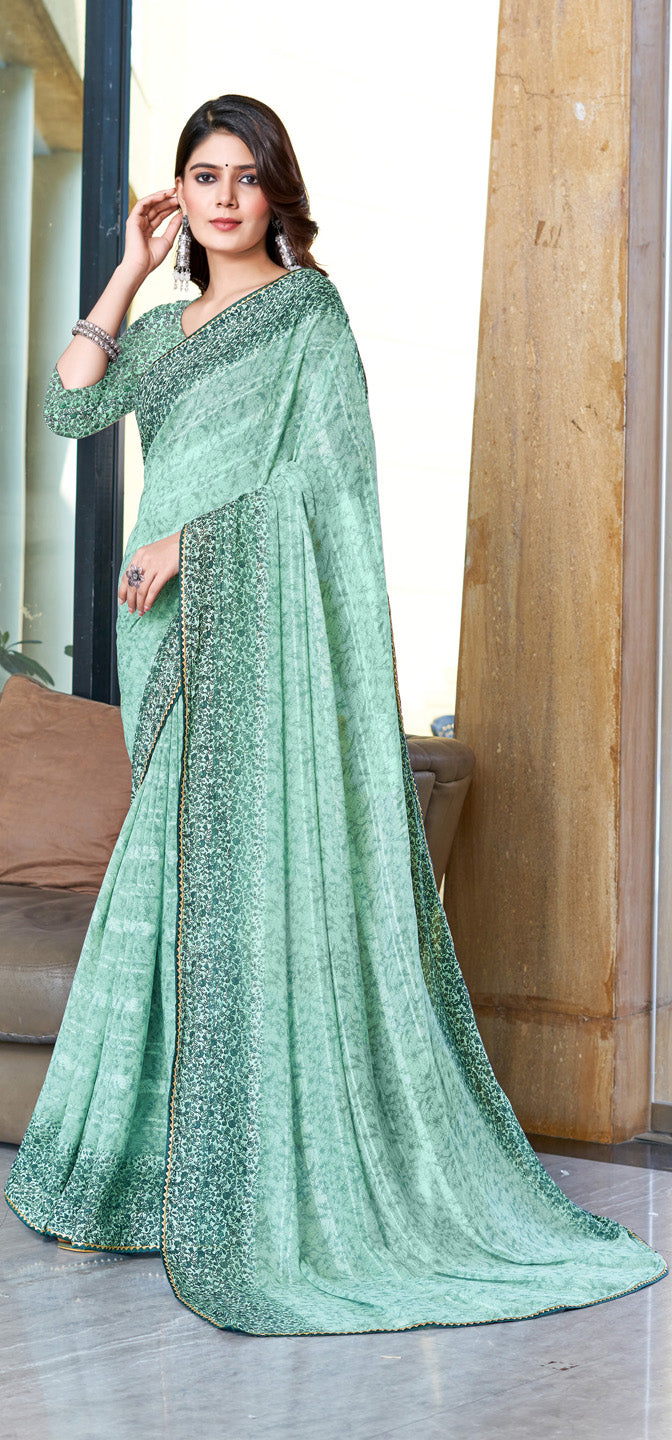 Zamuna Women Green Georgette Geometric Printed Saree – Elegant Fusion of Modern Art and Traditional Grace