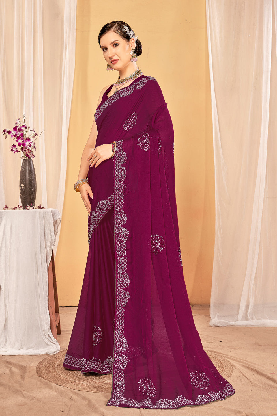 Zamuna Women Purple Georgette Solid Diamond Saree – Royal Elegance in Every Drape