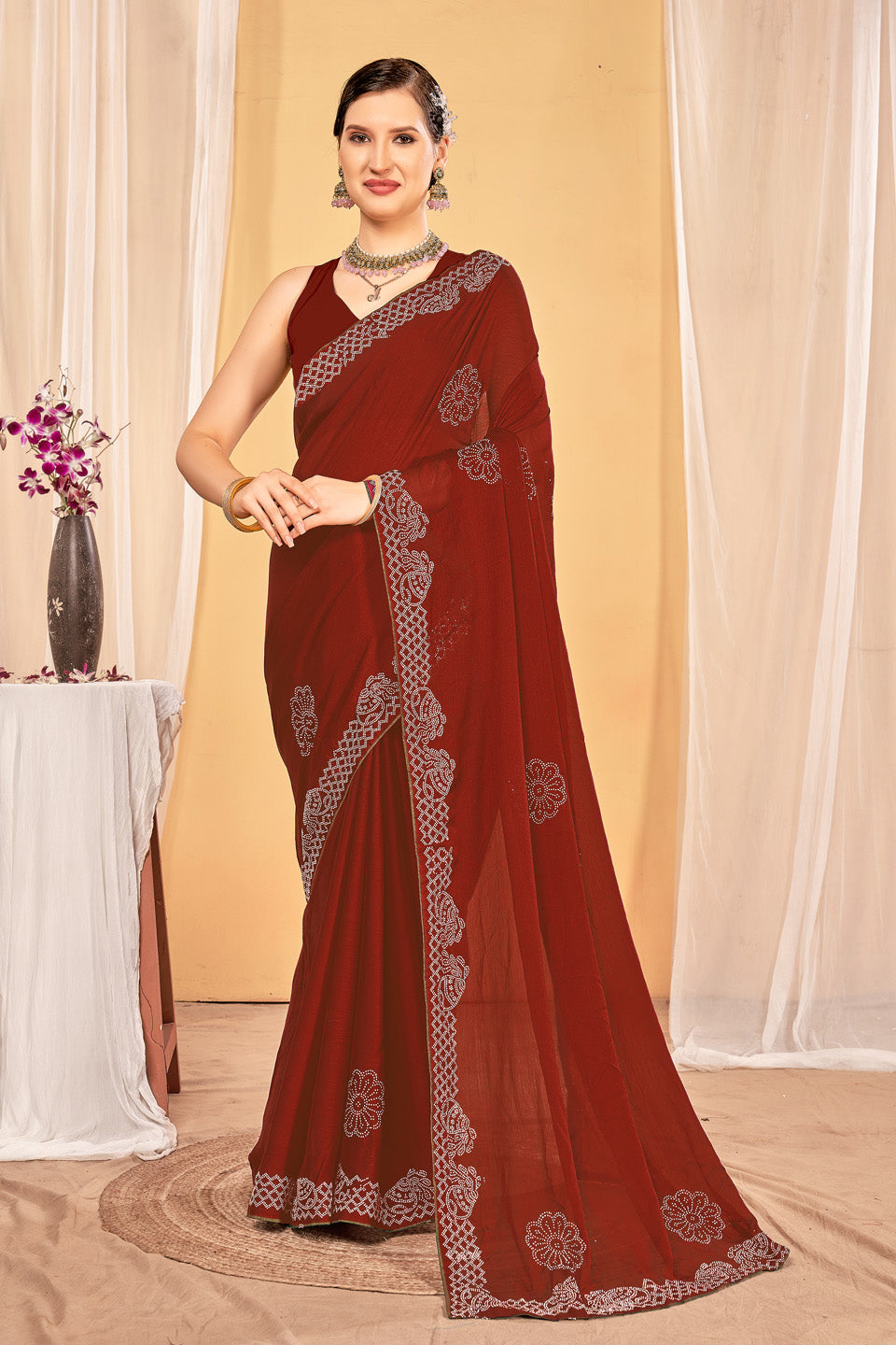 Zamuna Women Brown Georgette Solid Diamond Saree – Timeless Grace in Earthy Elegance