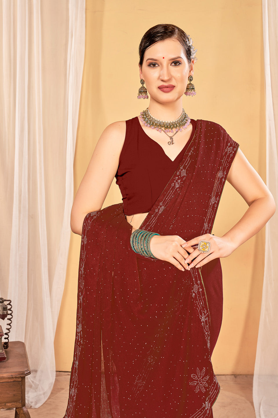 Zamuna Women Brown Georgette Solid Diamond Saree – Subtle Elegance in Rich Brown