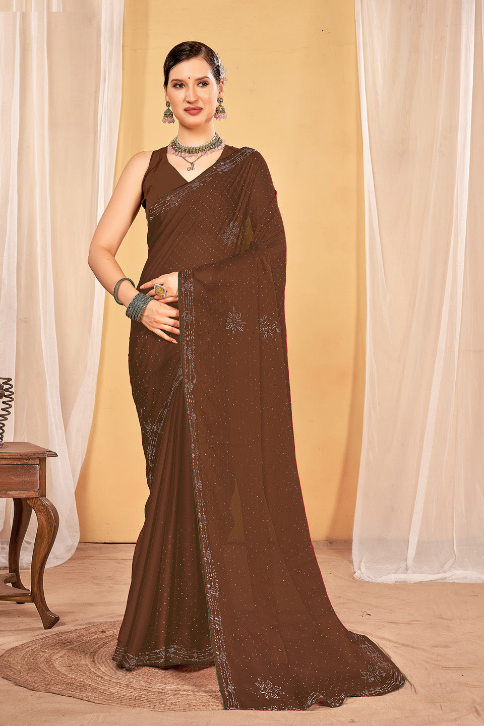 Zamuna Women Brown Georgette Solid Diamond Saree – Subtle Elegance in Rich Brown