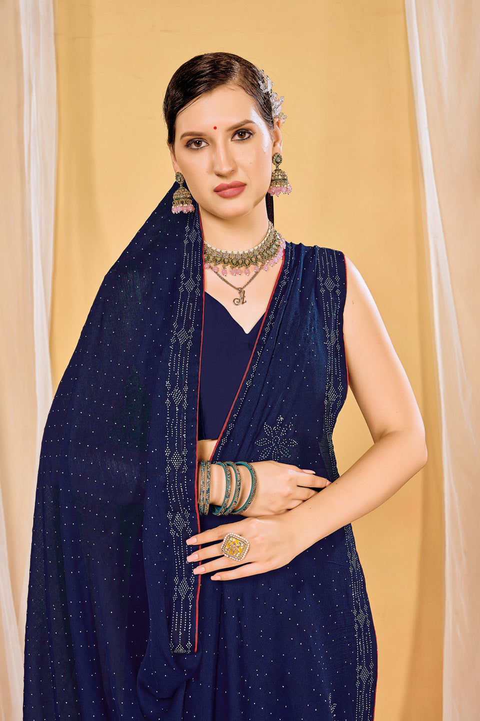 Zamuna Women Blue Georgette Solid Diamond Saree – Elegant Charm in Soothing Blue