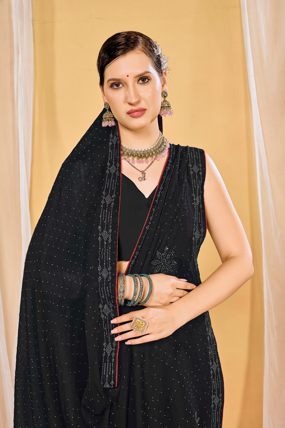 Zamuna Women Black Georgette Solid Diamond Saree – Timeless Elegance in Classic Black
