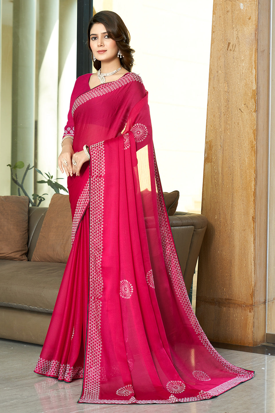 Zamuna Women Pink Georgette Solid Diamond Saree – Feminine Elegance in Soft Pink