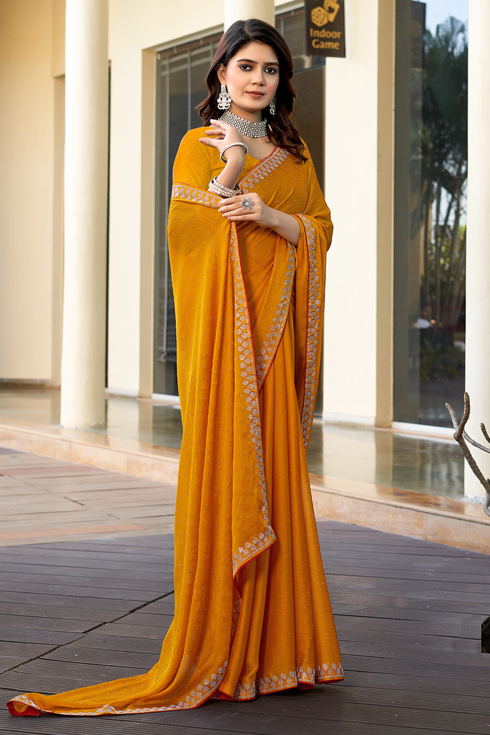 Zamuna Women Yellow Georgette Solid Diamond Saree – Radiant Elegance in Sunshine Yellow