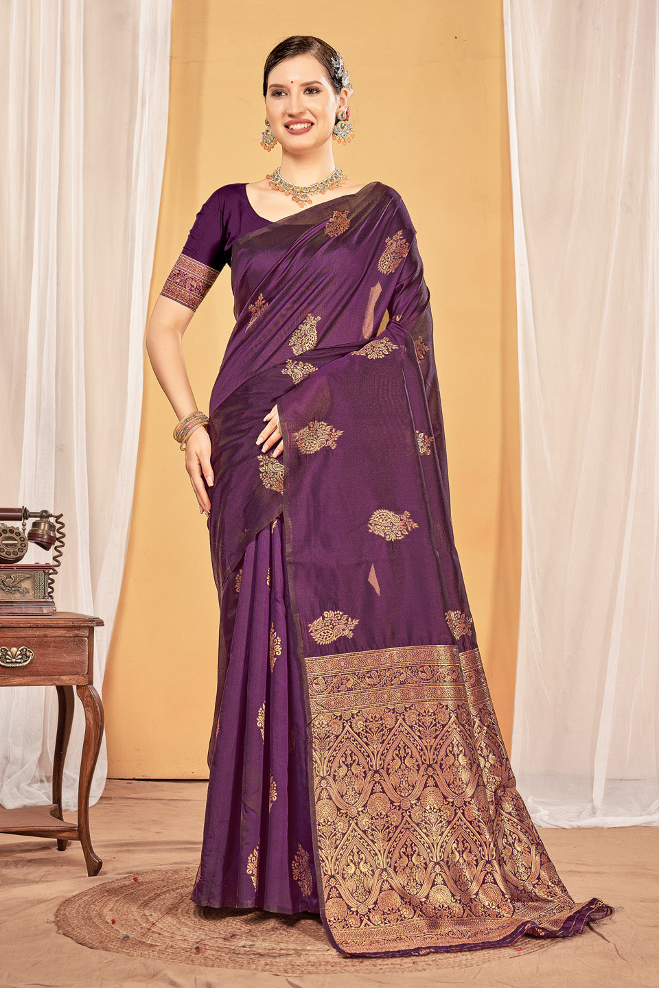 Zamuna Women Purple Silk Floral Woven Saree – Regal Elegance in Deep Purple
