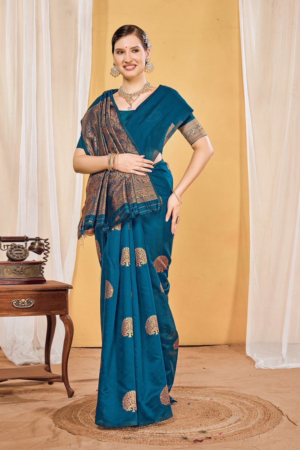 Zamuna Women Teal Silk Floral Woven Saree – Elegant Charm in Teal