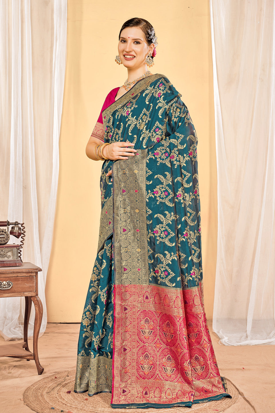 Zamuna Women Dark Blue Silk Floral Woven Saree – Elegance Draped in Deep Blue