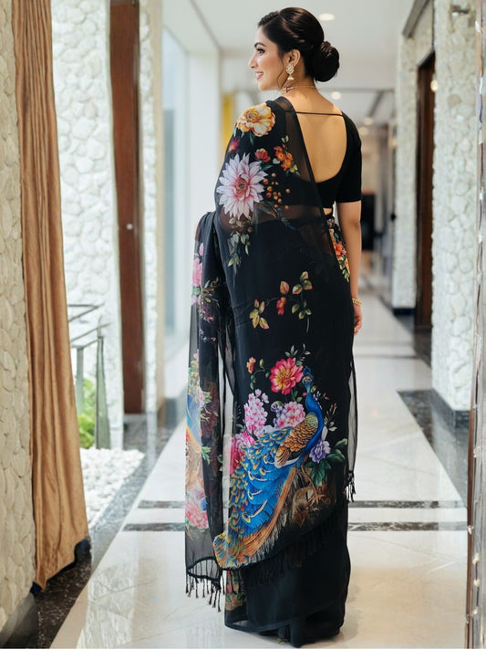 Black Georgette Saree For Women | Digital Print Daily Wear Saree